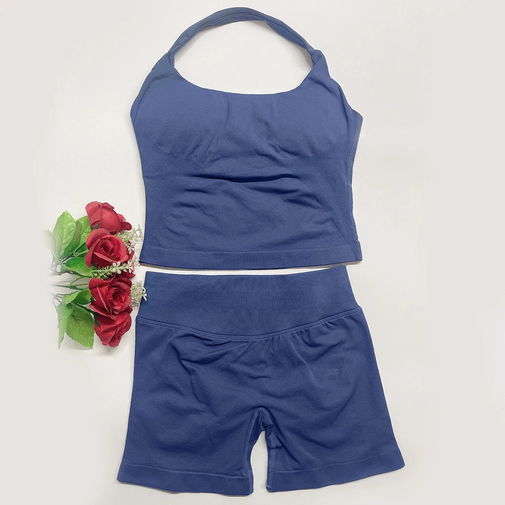 Yoga Outfits Damen 2-teiliges Sport-Set DFNNYE Impact Halfter Neck Neckholder Rückenfrei Oberteil Nahtlose Scrunch Shorts Fitness-Workout-Sportanzug