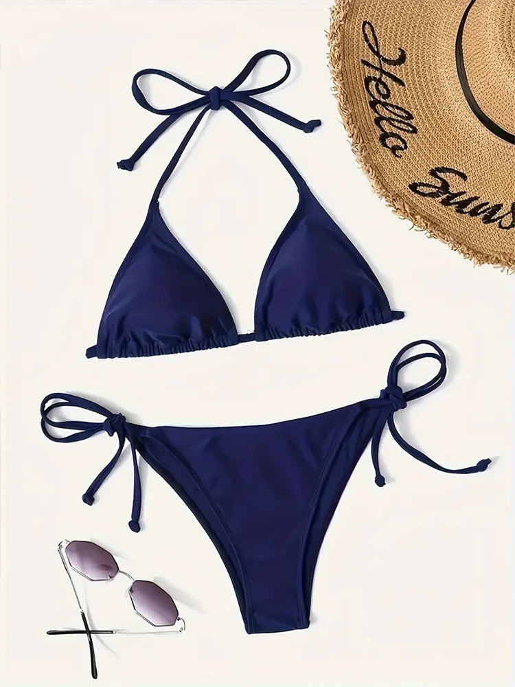 Bademode Tanga Bikini Set Sexy Neu Marineblau Badeanzüge Frau Sexy Bademode Bikinis Triangel Bandage Damen Strandbekleidung