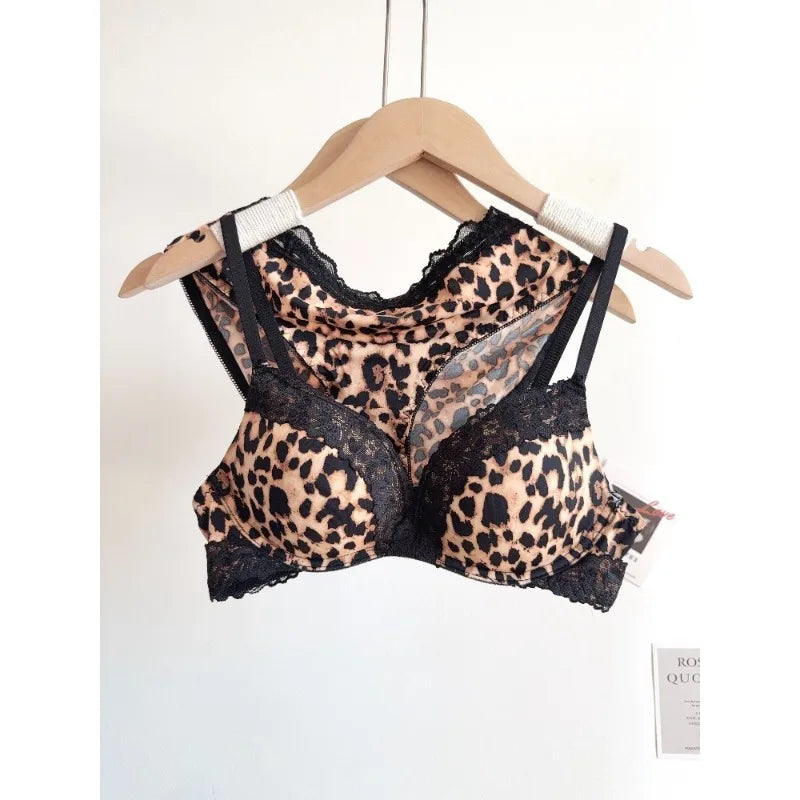 Sexy Leopard-Print-Dessous-Set für Damen, kabellos, unsichtbarer Push-Up für kleine Brüste, verstellbares A-bis-C-Körbchen, transparenter, reiner Spitzen-Look, S-XL