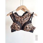 Sexy Leopard-Print-Dessous-Set für Damen, kabellos, unsichtbarer Push-Up für kleine Brüste, verstellbares A-bis-C-Körbchen, transparenter, reiner Spitzen-Look, S-XL