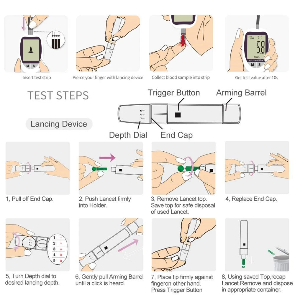 Medizinischer Blutzuckermesser 50 Blutzuckerteststreifen Lanzetten Blutzuckermessgerät Kit Zuckermonitor Glucometro für Diabetes mmol/L oder mg/dL
