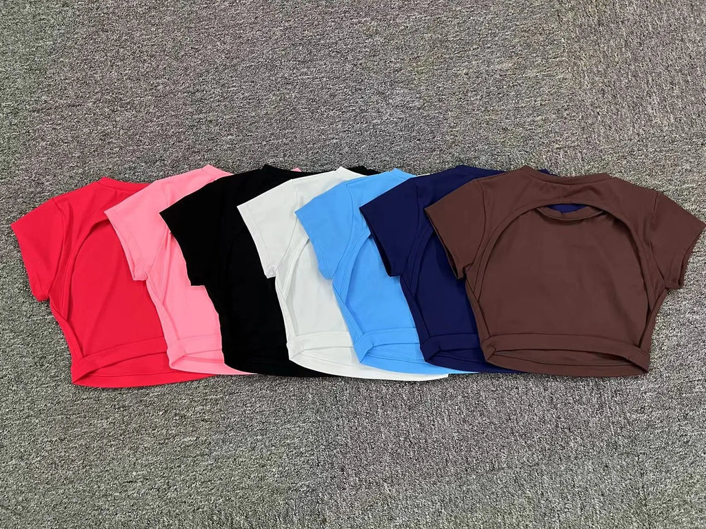 Hearuisavy Sommer Personalisierbare Sportshirts Workout Sportbekleidung Rückenloses Yoga-Kleidungsstück Brustpolster Sport Crop Tops Gym Top Damen