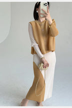 Khaki Beige Plissierte Rundhals-Knopfweste & Plissierter Color-Block-Rock Zweiteiler Fließendes Co-ord Set Minimalistisch Chic Trendy Täglich 2026