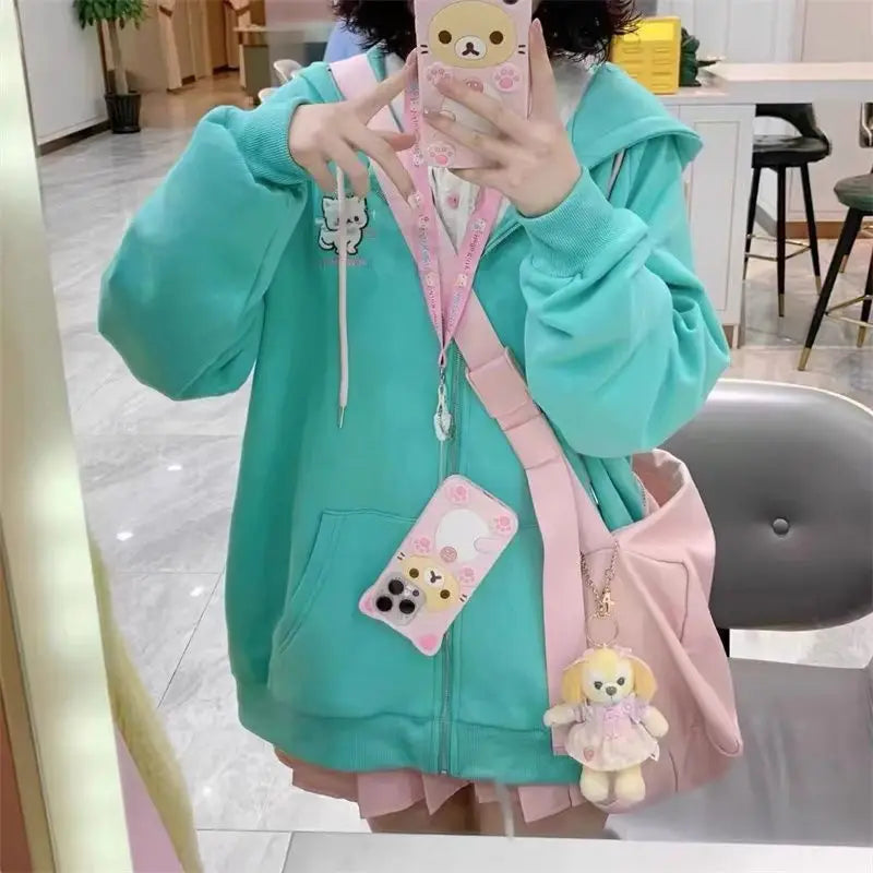 Ropa Cute Hoodies Coats Cartoon Cute Cat Ear Print Hooded Sweatshirts Y2K Tops Women Clothing Casual Zipper Loose New Hoodie Hauptbild