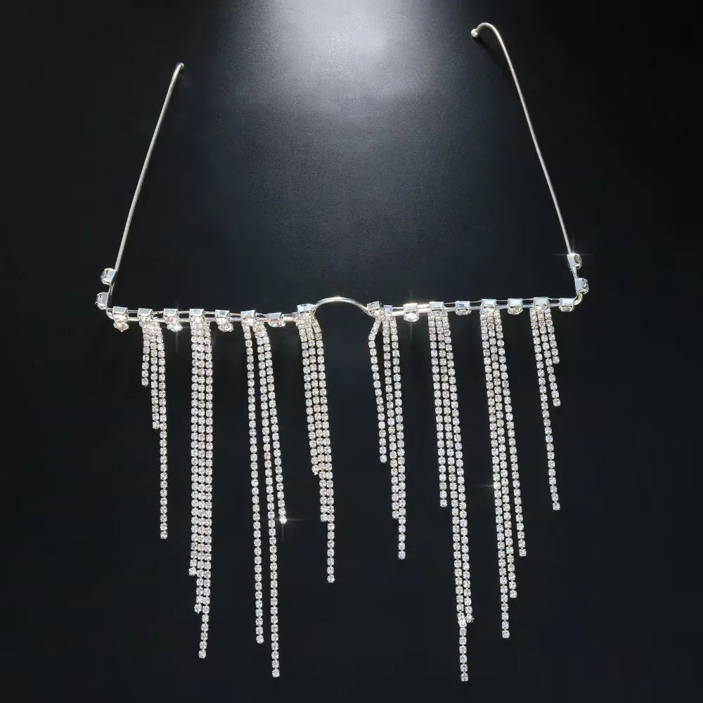 Mode Quaste Halbrahmen-Metallbrille für Frauen Kristall Gesichts-Kette Schmuck Brillen Kpop Make-up Strass-Accessoire Ohne Gläser