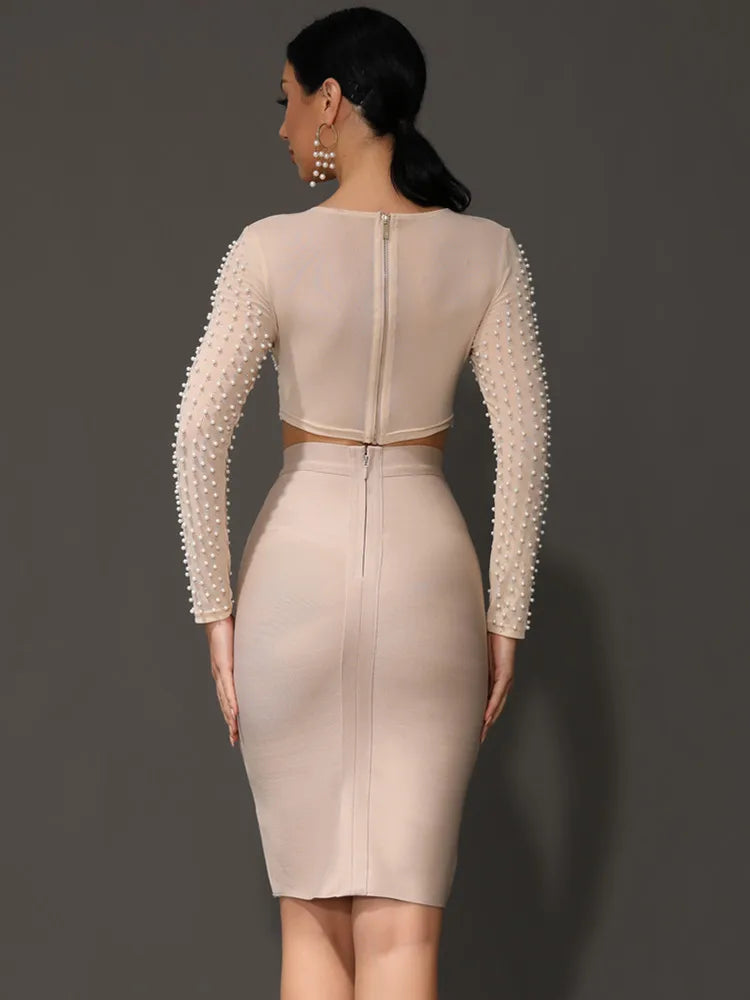 Sexy O-Ausschnitt Langarm Mesh Perlen Beige Schwarz Celebrity Midi Damen Bandagen-Set 2024 Designer Abendparty Damen-Set