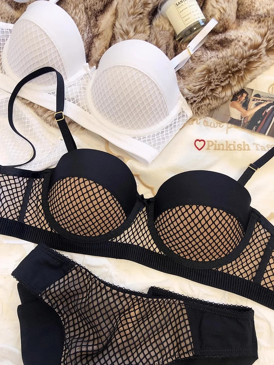 Mesh-Spitzenunterwäsche Damen Sexy kleiner Busen Push-Up-Dessous für Frauen BH-Sets Rot Weiß Hochzeitsmädchen Dicke Intimates BCD