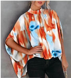 Lässige weite Damenbluse Mode Fledermausärmel Print Rundhals Shirts Top Frühling Sommer Büro Damen Blusen Elegante Oberteile 2024