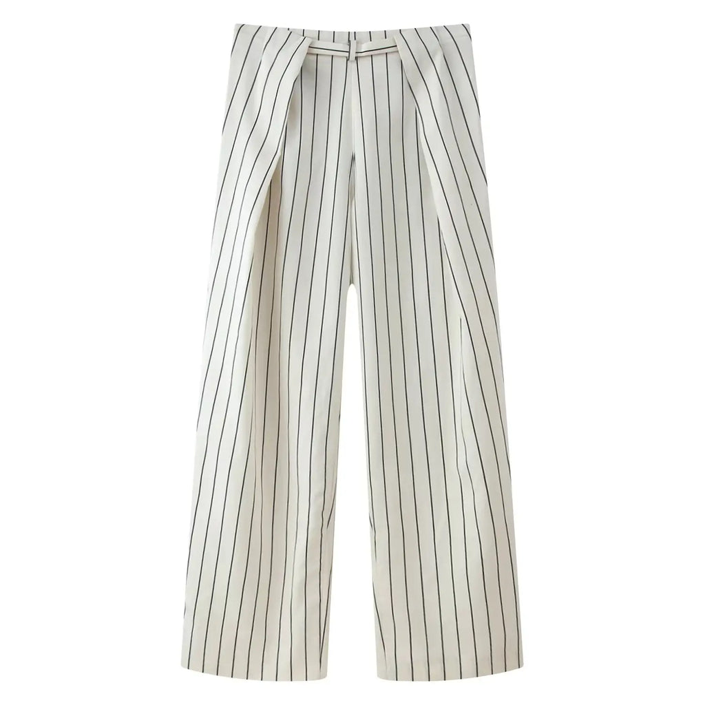 HH Damen Frühling Neue Mode Vintage Vielseitige Beige Gestreifte Puffärmel-Shirt + Hochtaillierte Lockere Plissierte Lässige Lange Hose Set