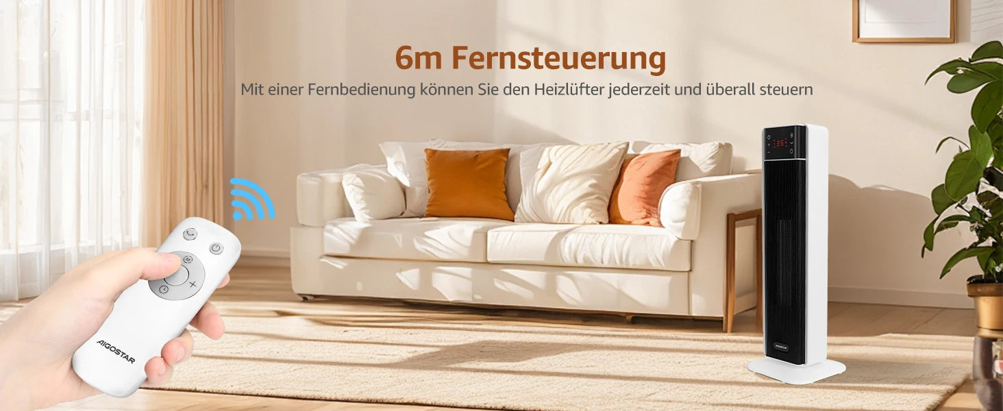 Aigostar Energiespar-Heizlüfter mit Thermostat, 2000W PTC Keramik-Heizlüfter mit Fernbedienung, 70° Oszillation, 4 Modi