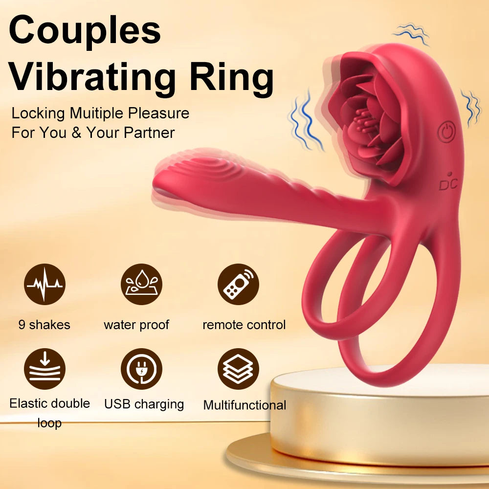 Rosen-Penisring Vibrator für Frauen G-Punkt Klitoris-Stimulation Männer Ejakulationsverzögerung Silikon-Hodenring Sexspielzeug für Paare