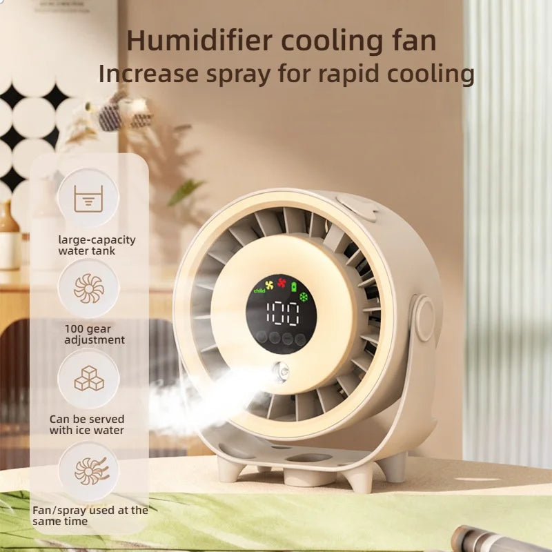 Neuer Sprühnebelventilator, befeuchtend, schnelle Kühlung, Aufhängeloch, geräuscharm, digitale Anzeige, Tastensteuerung der Geschwindigkeit, fein absorbierbar