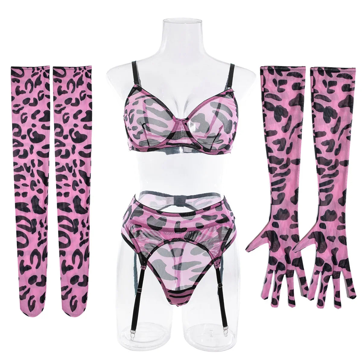 Sexy rosa Leoparden-BH-Handschuhe Beinsocken Dessous-Set Damen Perspektive Bequemes Mesh Exotische Kleidung Unterwäsche Anzug Hauptbild