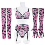 Sexy rosa Leoparden-BH-Handschuhe Beinsocken Dessous-Set Damen Perspektive Bequemes Mesh Exotische Kleidung Unterwäsche Anzug