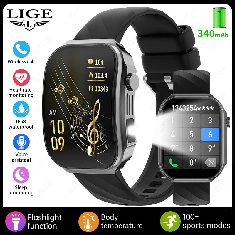 LIGE Neue 2,2-Zoll 3D Gebogenes Display Smartwatch Mit LED-Licht Thermometer Gesundheitsmonitor Smartwatch BT Anruf Sport Fitness Uhr