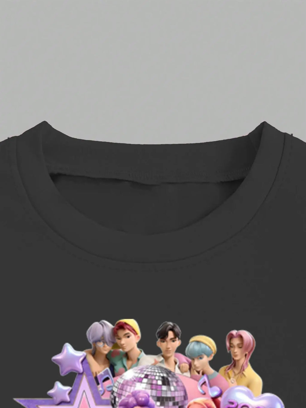 Mädchen 2-teiliges K-Pop-Konzert-Outfit 2026 – schwarzes Grafik-T-Shirt & ausgestellte Hose mit Pastell-Charakterprint für Kinder
