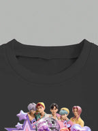 Mädchen 2-teiliges K-Pop-Konzert-Outfit 2026 – schwarzes Grafik-T-Shirt & ausgestellte Hose mit Pastell-Charakterprint für Kinder