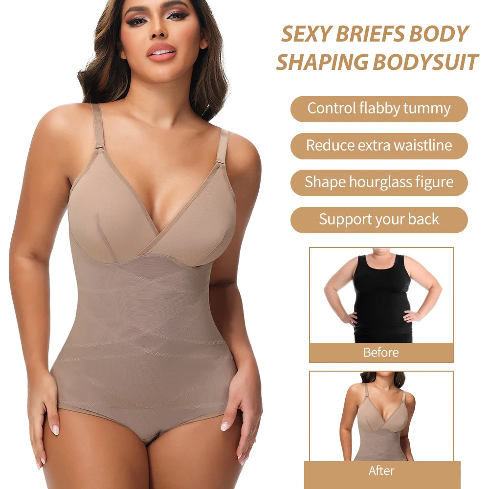 Cross Waist Tummy Control Body Shaping Bodysuit für Damen Ganzkörperkontrolle V-Ausschnitt Mesh Atmungsaktiver Slip Unterwäsche Po-Former