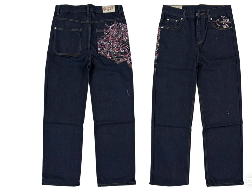 Y2K Black Washed Bestickte High-Waisted Oversized Jeans Herren Europäischer und Amerikanischer Retro Klassiker Lockere Weite Gerader Schnitt Hosen