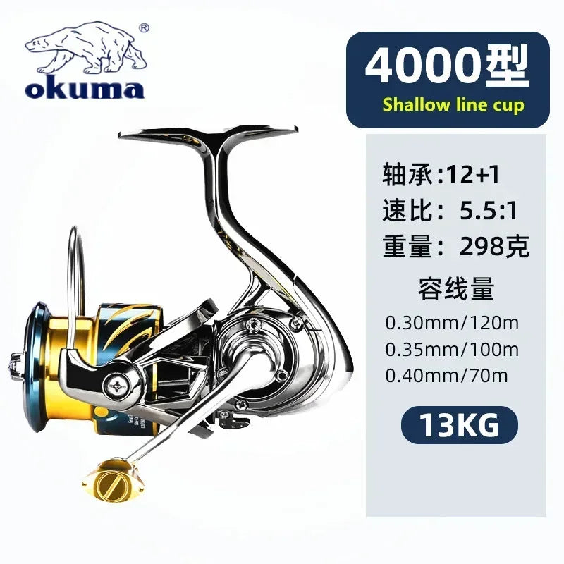 Okuma Ganzmetall-Angelrolle mit flacher Spule 15 kg Korrosionsschutz Salzwasser Spinnrolle 1000-5000