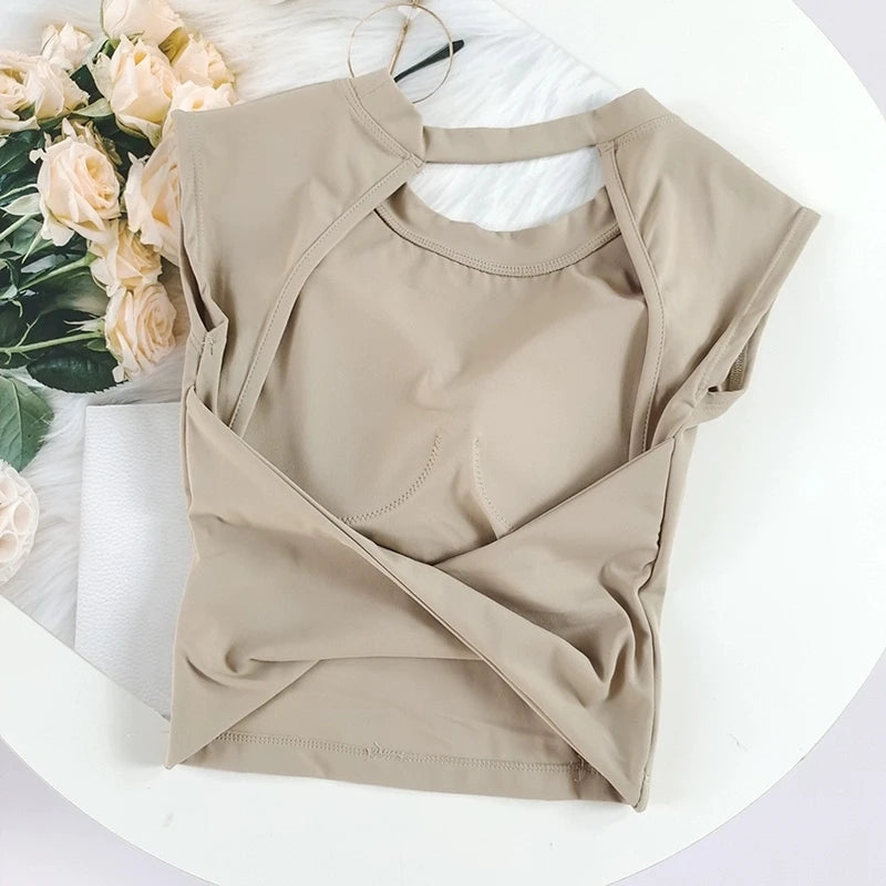 Damen Slim Fit Sport-Tanktop mit offenem Rücken, integrierten BH-Schalen, atmungsaktiv, für Pilates und Yoga