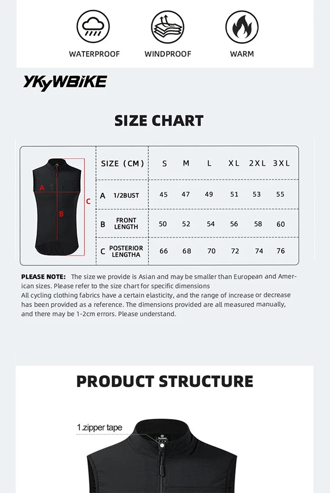YKYWBIKE Herren Radsport Gelit Thermo-Fleece Fahrrad Windjacke Ärmellose Weste Winddicht Wasserdicht Radfahren