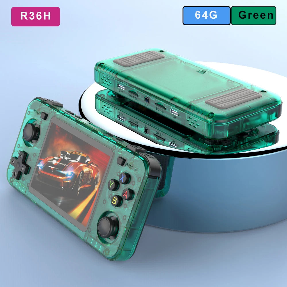 BOYHOM Grünes R36H Retro-Videospielkonsole 3,5 Zoll IPS-Bildschirm RK3326 3000 mAh Offenes Linux-System Tragbarer Player 64GB 128GB