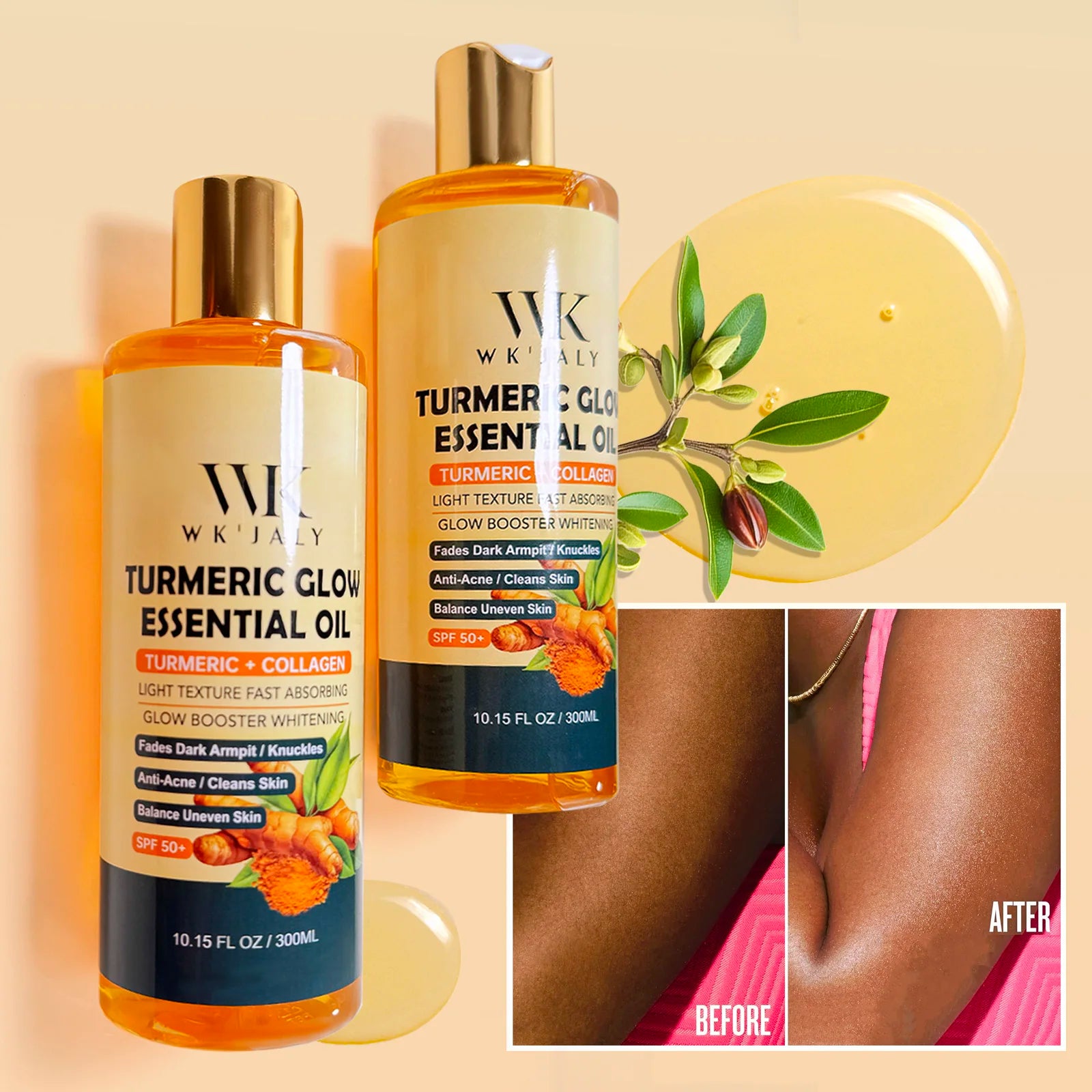 WK JALY Kurkuma Glow Essential Körperöl, feuchtigkeitsspendend, aufhellend, hellt dunkle Achseln und Fingerknöchel auf, gegen Akne, gleicht ungleichmäßige Haut aus