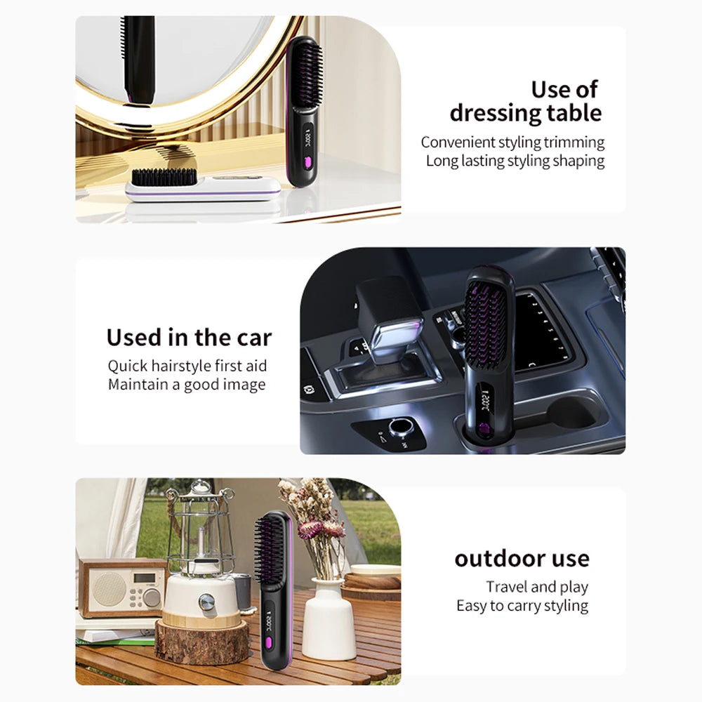 Cordless Hair Straightener Brush 3 Temperature Electric Negative Ions Ceramic Anti-Scald Heated Comb Hair Styling Tools