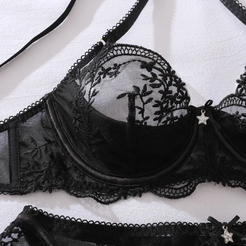 Women's Floral Embroidery Lingerie Sets Romantic Honey Bra Belt Panty 3PC with Gloves Stockings Seductive Sweet Star Underwear