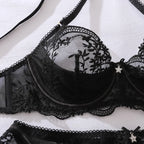 Women's Floral Embroidery Lingerie Sets Romantic Honey Bra Belt Panty 3PC with Gloves Stockings Seductive Sweet Star Underwear