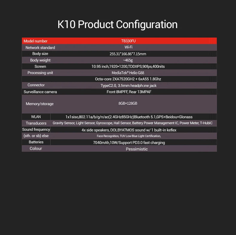 Global Rom Lenovo Tab K10 M11 Wifi LTE MTK Helio G88 Zhaoyang Multi Language 10.95-Zoll 90hz 400nits Gesichtserkennung 7040mAh