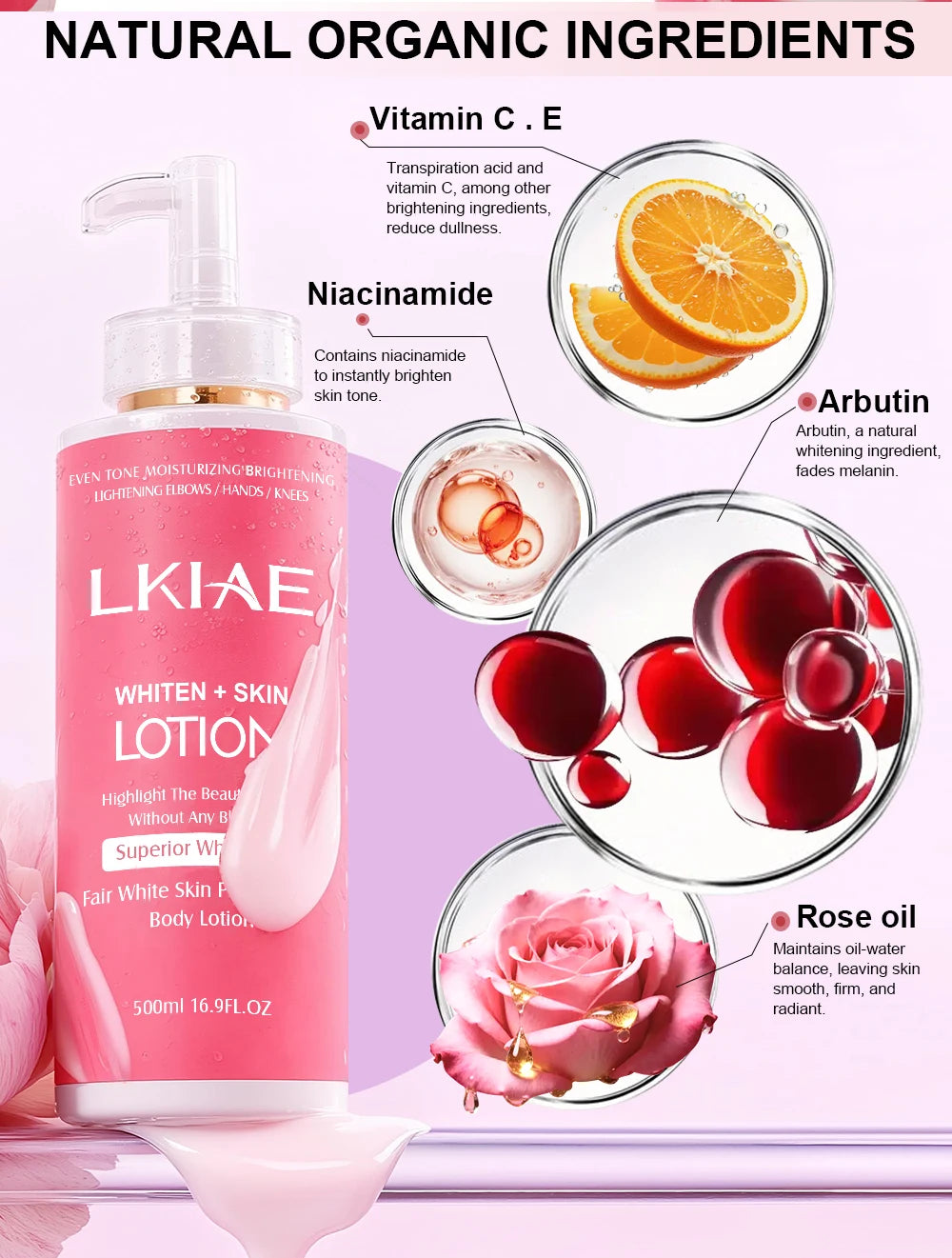 AILKE Superior Aufhellende Körperlotion, feuchtigkeitsspendend, glatte Haut, reduziert dunkle Flecken, mit Rosenöl, Niacinamid, 500ml