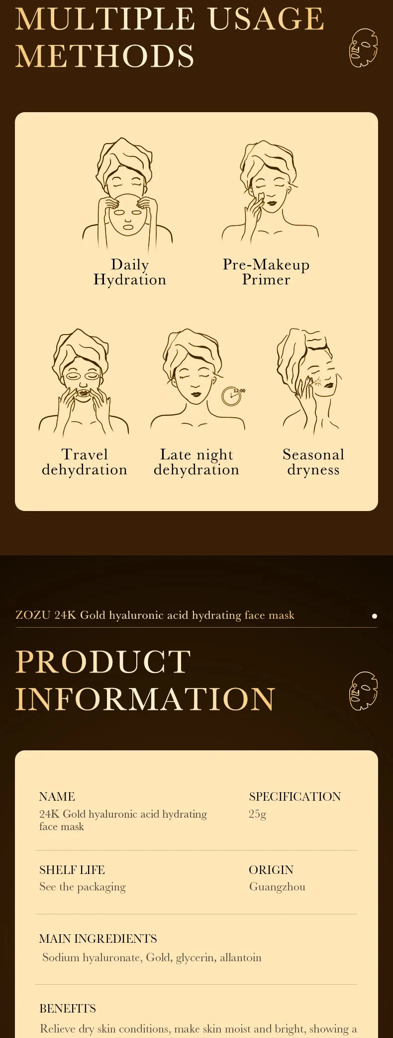 10 Stück 24 Karat Gold Hyaluronsäure Feuchtigkeitsspendende Gesichtsmaske Whitening Maske für Damen Koreanische Hautpflegeprodukte