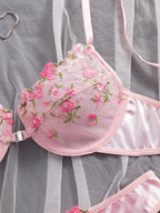 Rosa floral besticktes Dessous-Set 2-teilig mit Bügel, halbtransparent, Verschluss vorne, doppelter Haken hinten, sexy Unterwäsche für romantische Anlässe