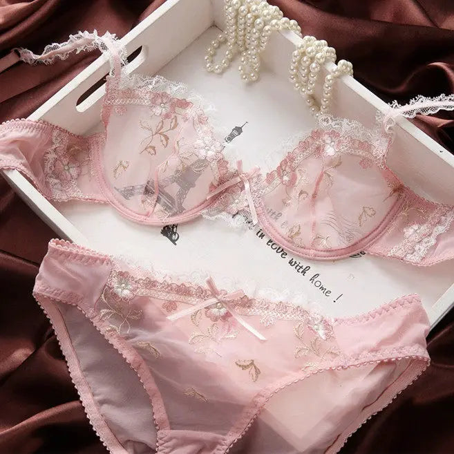 Französischer Minimizer-BH-Set | Große Größe, ungefüttert, Spitze, Halb-Cup, große Körbchen, dünn, Anti-Schwerkraft, transparenter Dessous-Set BANERDANNI BHs