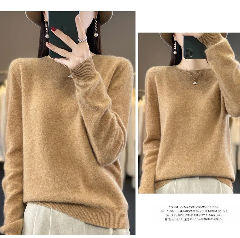 100 % Merinowolle Pullover Damen O-Ausschnitt Kaschmir Strickwaren Female Pullover Herbst Winter Freizeit Oberteile Einfarbig Weiche Kleidung