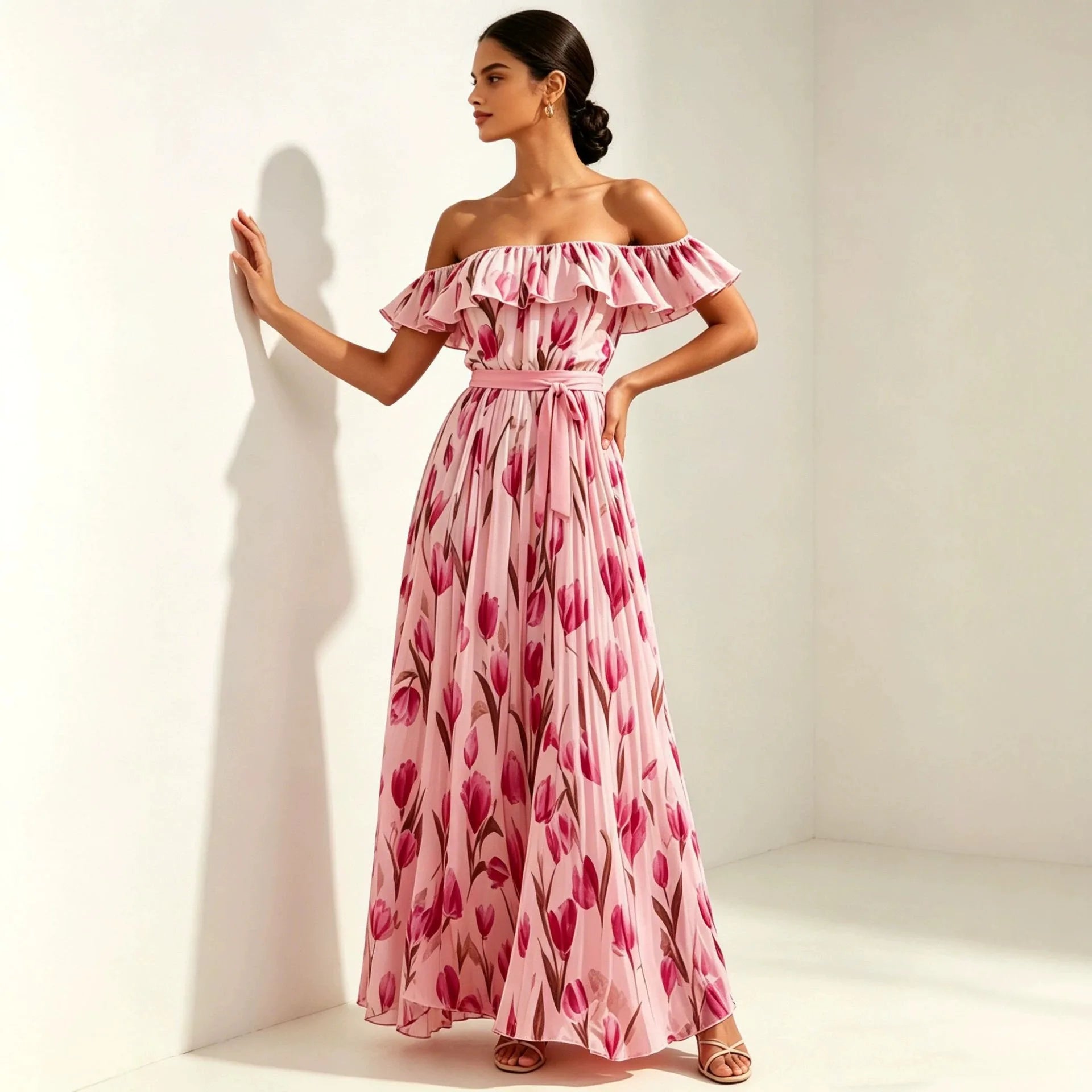 2026 Sommer schulterfreies Kleid mit Tulpenprint in großen Größen, schlankmachend, mit eckigem Ausschnitt und Maxilänge
