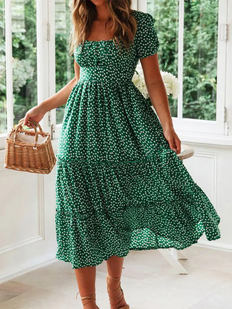 Vintage-Kleider Vintage-Druck Puffärmel Sommer Strand Süße Kleider Lässiger eckiger Ausschnitt Blumen-Maxikleid Festa Hauptbild