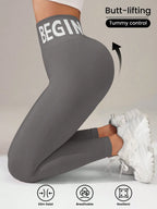 Europäische und amerikanische nahtlose Yoga-Leggings mit Bund-Schriftzug, Po-Lifting, schnelltrocknende, atmungsaktive Damen-Tights für den Sport