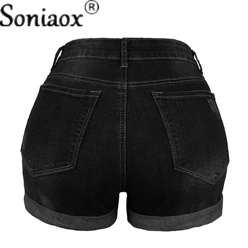 2024 Sommer neue Damen-Crimp-Knopfleiste Stretch Sexy Loch Jeans-Shorts High Waist Skinny Streetwear Trendige Ripped Denim-Shorts