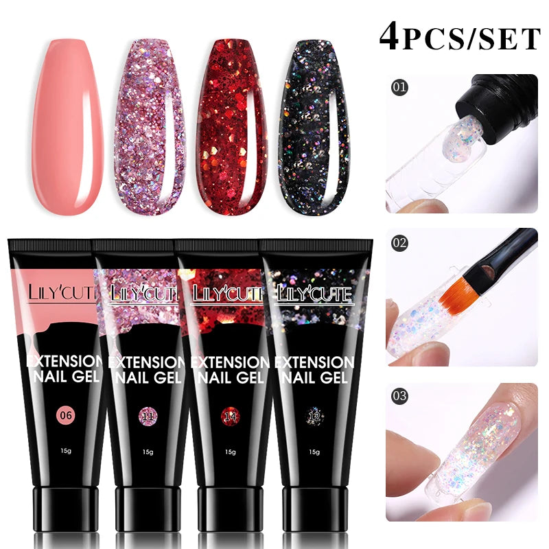 LILYCUTE 15ml Verlängerungsgel-Nagellack-Set Quick Nail Prolong mit Verlängerungsform-Nagelspitzen Acryl-Lösung Maniküre-Werkzeug-Kit