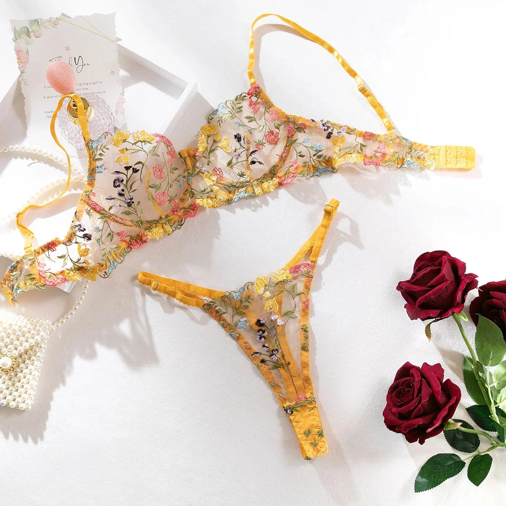 Yimunancy Blumenstickerei Dessous-Set Damen transparentes 2-teiliges Boho-BH + Höschen Unterwäsche-Set Intimates
