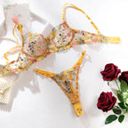 Yimunancy Blumenstickerei Dessous-Set Damen transparentes 2-teiliges Boho-BH + Höschen Unterwäsche-Set Intimates