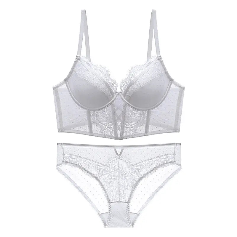 Französische Spitze Push-Up-Dessous-Set Frau dünner Bügel-BH, durchsichtige geraffte Chemise, weich, zierlich, kleine Oberweite S-XL Hot Sale