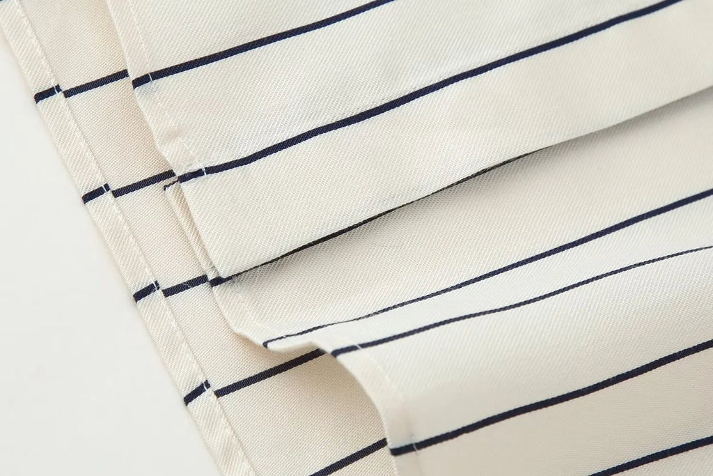 HH Damen Frühling Neue Mode Vintage Vielseitige Beige Gestreifte Puffärmel-Shirt + Hochtaillierte Lockere Plissierte Lässige Lange Hose Set