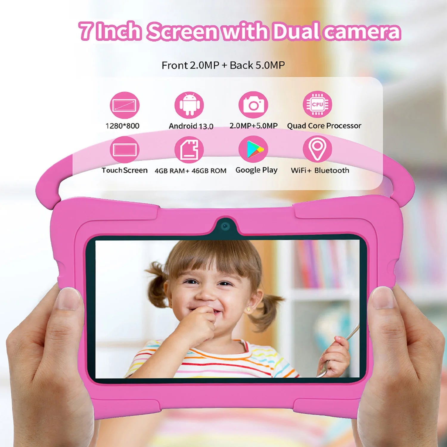 7-Zoll Kinder-Tablet Android 13 Quad Core 4GB RAM 64GB ROM 4000mAh WiFi Bluetooth Kindergeschenk Kindersoftware mit Silikonhülle