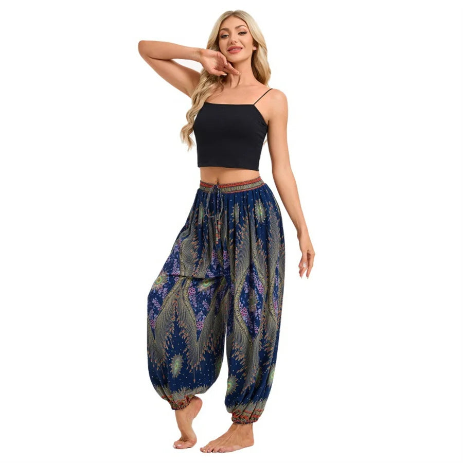 Damen Boho Weite Hosen Haremshose Erwachsene Hohe Taille Yoga Loose Laternenhose Atmungsaktive Strandhose Urlaub Bedruckte Jogger