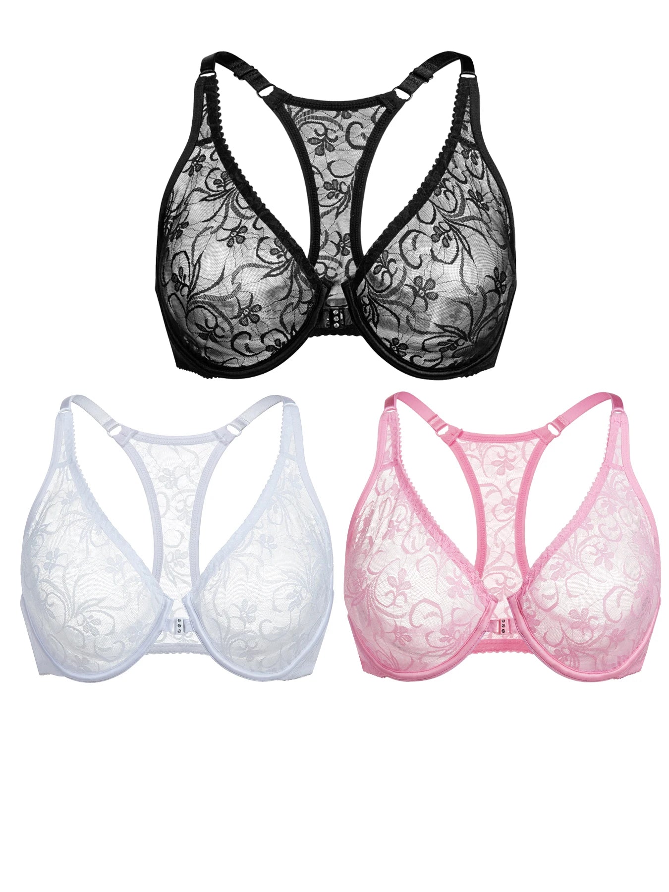 Front Button Women's Bra Lace Sheers Unpadded Sexy Lingerie BH Tops Flower knitting Brassiere Underwire Underwear Plus Size Bras Main image