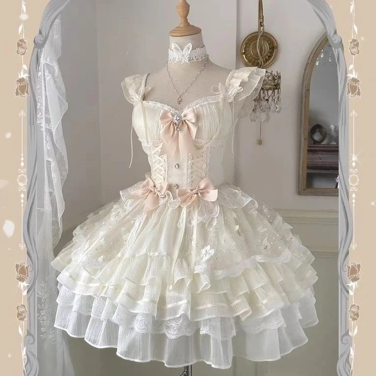 Japanisches Sommer-Kawaii-Lolita-Kleid Damen Party Vintage Süße Spitze Schleife Geburtstags-Kuchenkleider Harajuku Y2k Bandagenkleid